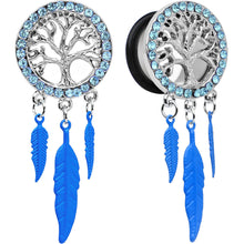 Load image into Gallery viewer, 5/8 Blue Gem Steel Single Flare Tree of Life Dangle Plug Set