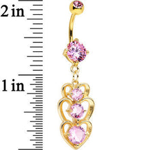 Load image into Gallery viewer, Pink Cubic Zirconia Gold PVD Trio of Hearts Dangle Belly Ring