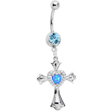 Load image into Gallery viewer, Aqua Gem Blue Imitation Opal Cross Heart Dangle Belly Ring