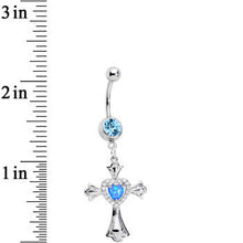 Load image into Gallery viewer, Aqua Gem Blue Imitation Opal Cross Heart Dangle Belly Ring
