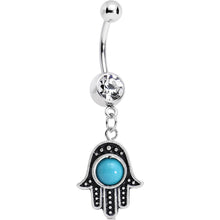 Load image into Gallery viewer, Clear Gem Aqua Orb Hamsa Hand Dangle Belly Ring