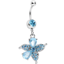 Load image into Gallery viewer, Blue Jeweled Tropical Flower Dangle Belly Ring