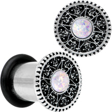 Load image into Gallery viewer, 0G Stainless Steel Sky Wheel White Synthetic Opal Plug Set