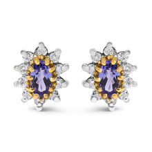 Load image into Gallery viewer, 14K Yellow Gold 1/4 Cttw Diamond and Blue Purple Tanzanite Sunburst Halo Stud Earrings (K-L Color, I1-I2 Clarity)