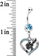 Load image into Gallery viewer, Aqua Gem Tattoo Rose Flower in a Hollow Heart Dangle Belly Ring