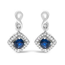 Load image into Gallery viewer, 10K White Gold Blue Sapphire and Diamond Halo Cushion Shaped Drop Earrings (I-J Color, I1-I2 Clarity)