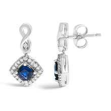 Load image into Gallery viewer, 10K White Gold Blue Sapphire and Diamond Halo Cushion Shaped Drop Earrings (I-J Color, I1-I2 Clarity)