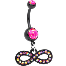 Load image into Gallery viewer, Pink Resin Faux Opal CZ Black PVD Infinity Dangle Belly Ring