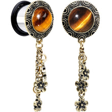 将图片加载到图库查看器,9/16 Tiger Eye Stainless Steel Flower Dangle Single Flare Plug Set