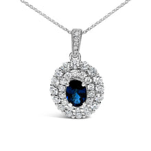 将图片加载到图库查看器,14K White Gold Oval Blue Sapphire and 3/4 Cttw Diamond Halo Pendant Necklace