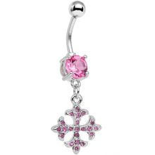 Load image into Gallery viewer, Pink Cubic Zirconia Cathedral Cross Dangle Belly Ring