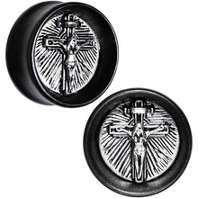 Load image into Gallery viewer, 7/8 Black Organic Beechwood Stainless Steel Cross Saddle Plug Set