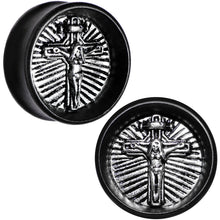 Load image into Gallery viewer, 25mm Black Organic Beechwood Stainless Steel Cross Saddle Plug Set