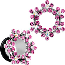 Load image into Gallery viewer, 1/2 Pink and Aurora Gem Snowflake Steel Tunnel Plug Set