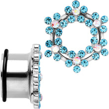 Load image into Gallery viewer, 18mm Aqua and Aurora Gem Snowflake Steel Tunnel Plug Set
