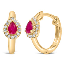 Load image into Gallery viewer, 10K Yellow Gold Pear Cut Red Ruby 4x3 mm and 1/10 Cttw Round Diamond Huggy Earrings (I-J Color, I1-I2 Clarity)