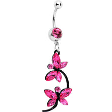 将图片加载到图库查看器,Pink Czech Stone Black Double Dragonfly Dangle Belly Ring