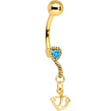 Load image into Gallery viewer, Gold Plated 925 Silver Anchor My Heart Aqua Dangle Belly Ring