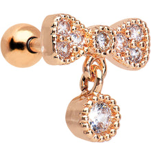 Load image into Gallery viewer, 16G Rose Gold Anodized Clear CZ Bow Cartilage Tragus Earring