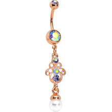 Load image into Gallery viewer, Aurora Gem Faux Pearl Rose Gold Anodized Hamsa Dangle Belly Ring