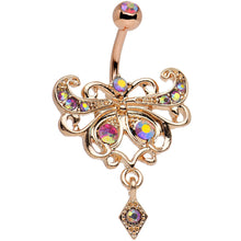 Load image into Gallery viewer, Rose Gold Anodized Red Iridescent Gem Butterfly Dangle Belly Ring