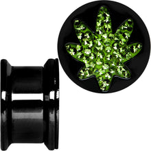 Load image into Gallery viewer, 9/16 Black Plated Ganja Green Pot Leaf Saddle Stash Plug Set