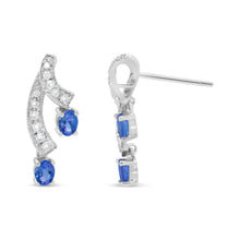 将图片加载到图库查看器,14K White Gold 4x3MM Oval Shaped Natural Blue Tanzanite Gemstone and 1/5 Cttw Diamond Double 3/4" Inch Drop Stud Earrings (H-I Color, VS1-VS2 Clarity)