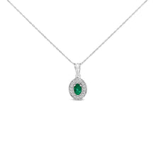 Load image into Gallery viewer, 14K White Gold Oval 6x4 MM Green Emerald and Diamond Halo Pendant Necklace - 18 inch