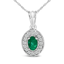 Load image into Gallery viewer, 14K White Gold Oval 6x4 MM Green Emerald and Diamond Halo Pendant Necklace - 18 inch