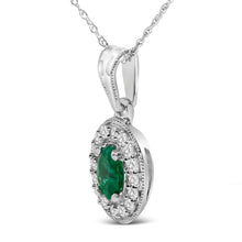 Load image into Gallery viewer, 14K White Gold Oval 6x4 MM Green Emerald and Diamond Halo Pendant Necklace - 18 inch