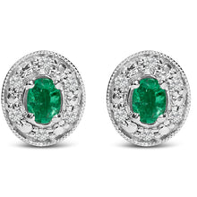 Load image into Gallery viewer, 14K White Gold Oval Green Emerald and 1/10 Cttw Diamond Halo Stud Earrings (I-J Color, I1-I2 Clarity)