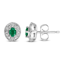 Load image into Gallery viewer, 14K White Gold Oval Green Emerald and 1/10 Cttw Diamond Halo Stud Earrings (I-J Color, I1-I2 Clarity)