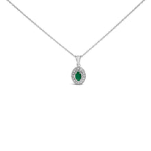 Load image into Gallery viewer, 14K White Gold Oval Green Emerald and Diamond Halo Pendant Necklace - 18" Inches