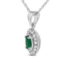 Load image into Gallery viewer, 14K White Gold Oval Green Emerald and Diamond Halo Pendant Necklace - 18" Inches
