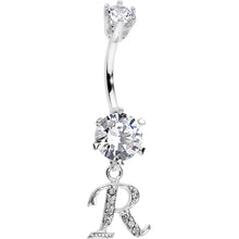 Load image into Gallery viewer, 925 Sterling Silver Clear CZ Ornate Script Initial R Dangle Belly Ring