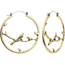Load image into Gallery viewer, Bronze-colored Bird on Branch Tunnel Hoop Earrings