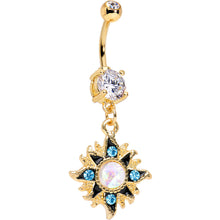 Load image into Gallery viewer, Clear Accent Gold Anodized Aurora Blue Gem Starburst Dangle Belly Ring