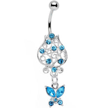 将图片加载到图库查看器,Aqua Gem Framework Flower Butterfly Dangle Belly Ring