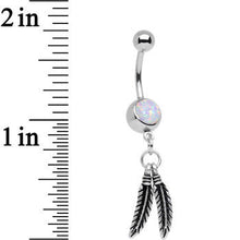 Load image into Gallery viewer, Steel White Synthetic Opal Floating Feathers Dangle Belly Ring