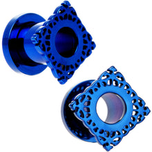 Load image into Gallery viewer, 0G Blue PVD Filigree Frame Screw Fit Tunnel Plug Set