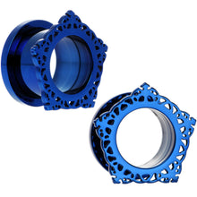 Load image into Gallery viewer, 9/16 Blue PVD Filigree Frame Screw Fit Tunnel Plug Set