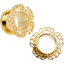 Load image into Gallery viewer, 1/2 Gold PVD Filigree Flower Screw Fit Tunnel Plug Set
