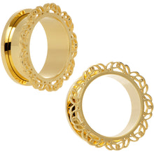 Load image into Gallery viewer, 25mm Gold PVD Filigree Flower Screw Fit Tunnel Plug Set