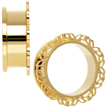 Load image into Gallery viewer, 25mm Gold PVD Filigree Flower Screw Fit Tunnel Plug Set