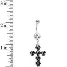 Load image into Gallery viewer, Clear Gem Black Rose Flower Detailed Gothic Cross Dangle Belly Ring