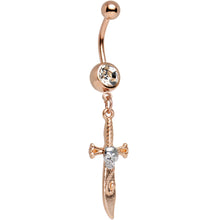 Load image into Gallery viewer, Clear Gem Rose Gold Anodized Skull Pirate Sword Dangle Belly Ring