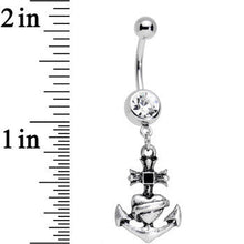Load image into Gallery viewer, Clear Gem Tattoo Flash Anchor and Heart with Banner Dangle Belly Ring