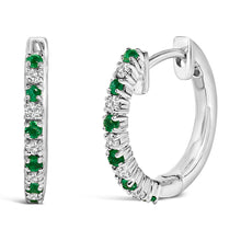 Load image into Gallery viewer, 10K White Gold Alternating Emerald 1/10 Cttw Diamond Huggy Hoop Earrings (I-J Color, I1-I2 Clarity)