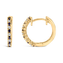 Load image into Gallery viewer, 10K Yellow Gold Alternating Blue Sapphire 1/10 Cttw Diamond Huggy Hoop Earrings (I-J Color, I1-I2 Clarity)