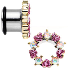Load image into Gallery viewer, 1/2 Aurora and Pink Gem Heart Wreath Single Flare Tunnel Plug Set